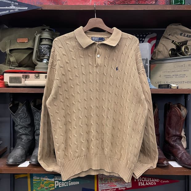 90s 폴로 랄프로렌 PK 카라 풀 오버 꽈배기 니트 스웨터