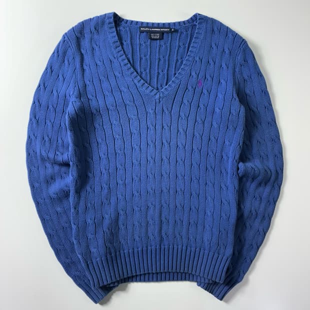 Polo  랄프로렌 스포츠 자수 코튼 블루 꽈배기 브이넥 니트 