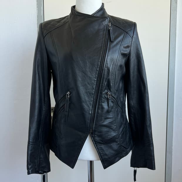 Diagonal cut leather jacket