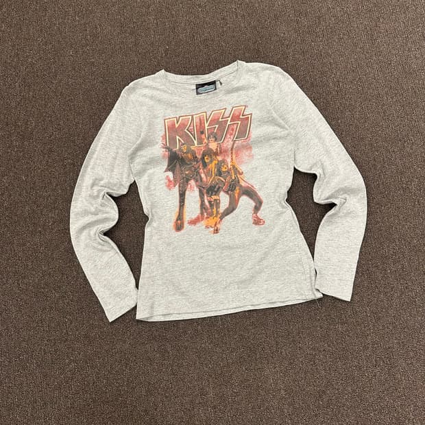 L)KISS 밴드 티 빈티지 락 프린팅 그레이 롱슬리브