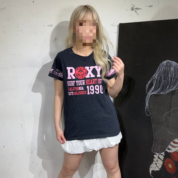 JPN 일본빈티지 Roxy 블랙 핑크 펑크 락 반팔 티셔츠 L
