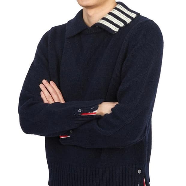 [2] 톰브라운 스티치 도네갈 사선 폴로 칼라 풀오버 네이비