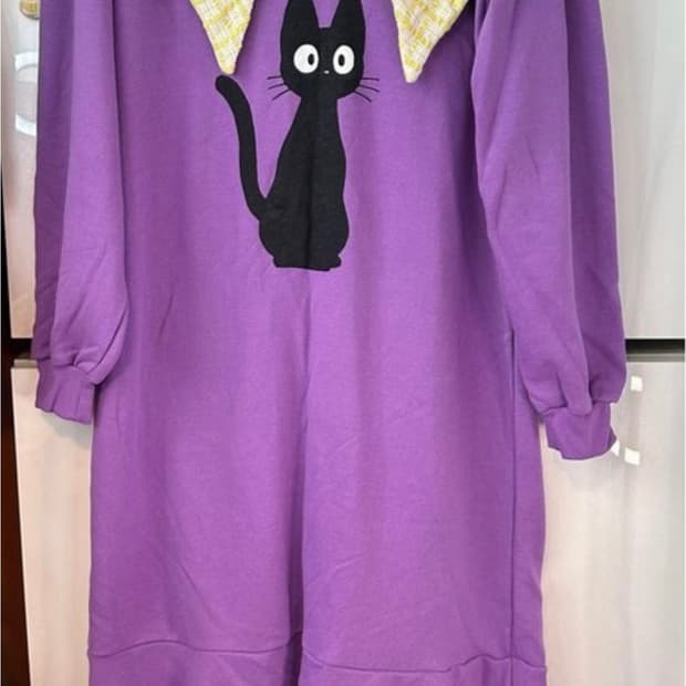 고양이 프린팅 퍼플 롱 원피스