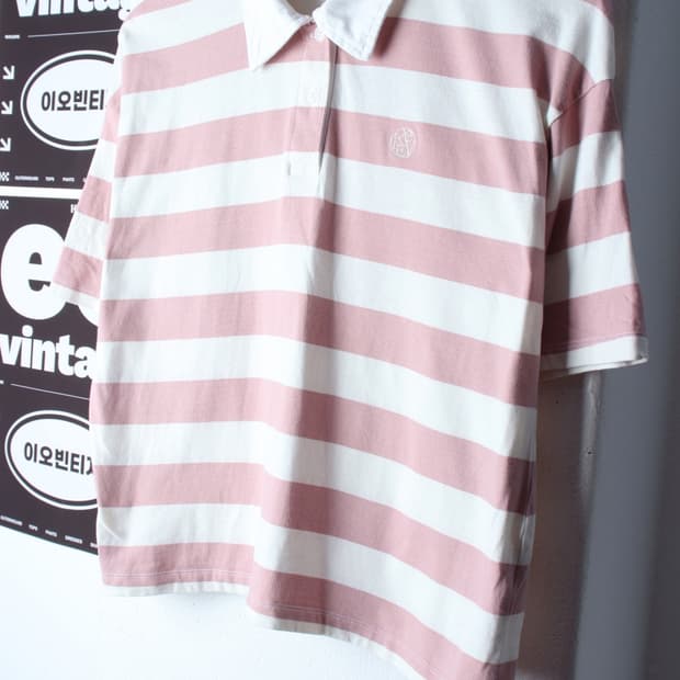 W(M-L) 폴햄 반팔 카라 티셔츠 스트라이프 핑크 세미크롭-H32995