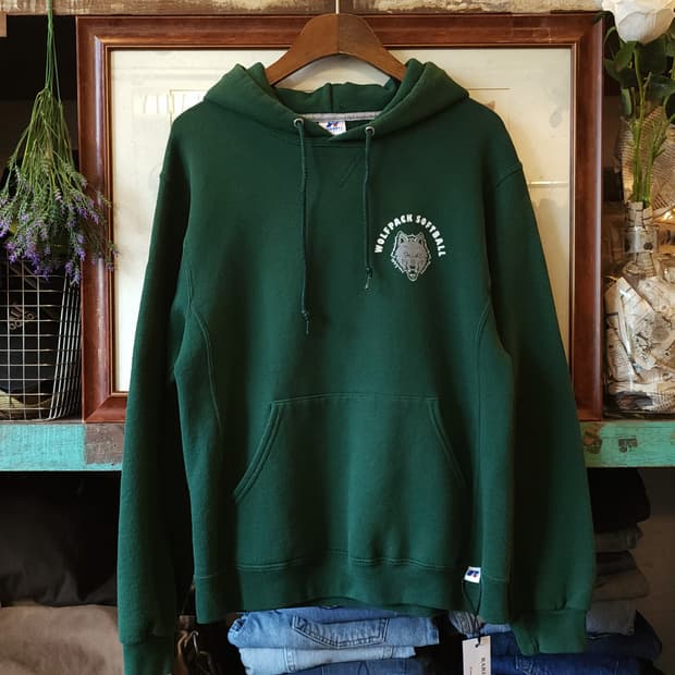 90s 러셀 후드 울프팩 빈티지 레터링 후드 스웻셔츠 그린 S