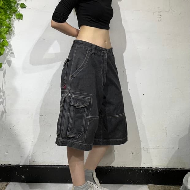 일본 빈티지 Hobd 흑청 데님 카고 반바지 청카고 바지