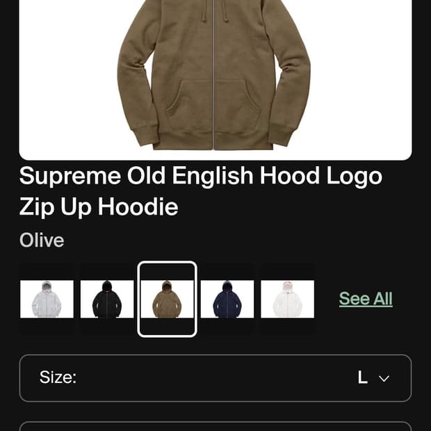 [L] 16FW 슈프림 올드 잉글리쉬 후드 로고 집업 (올리브)