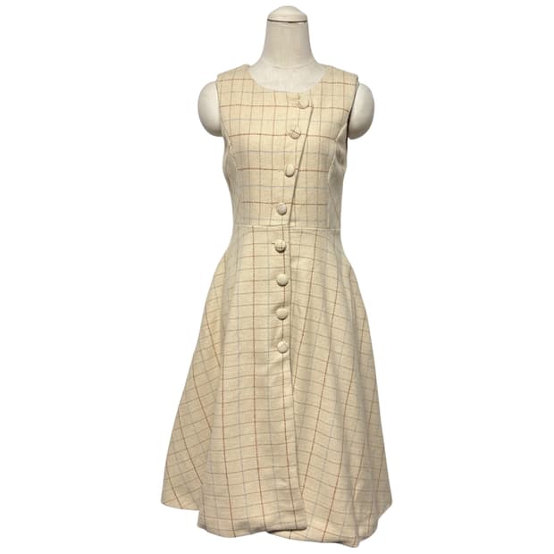 3800 베이지 체크 모직 민소매 나시원피스