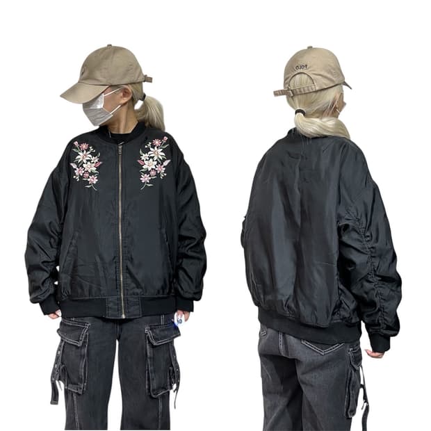 일본 빈티지 COLZA 블랙 자수 스카잔 봄버 항공 잠바 L