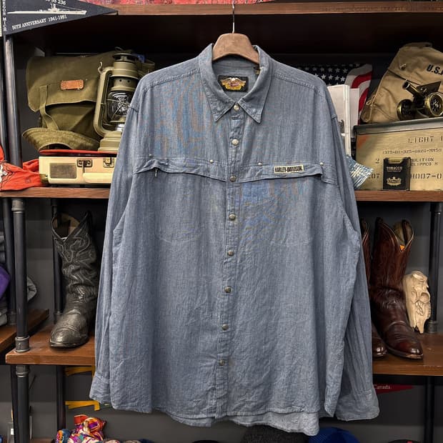 90s 할리데이비슨 듀얼지퍼 메탈버튼 샴브레이 워크셔츠 N199