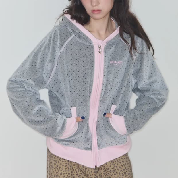 샤키리 테리 도트 래글런 후디 그레이 핑크