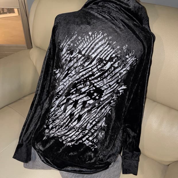 Algonquins printing velvet hood zip-up