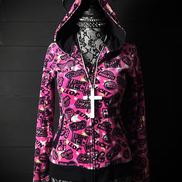 JPN 갸루 펑크 핑크 스타 별 패턴 레터링 쿠마 곰 후드집업
