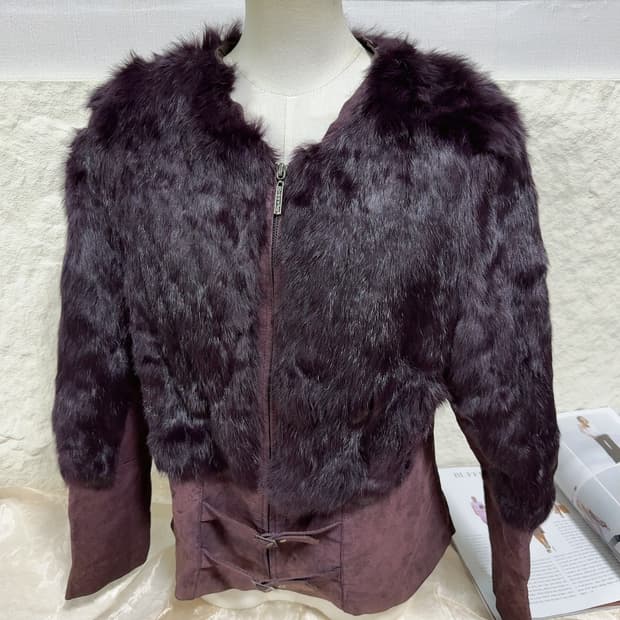 빈티지 다크 퍼플 토끼털 되지가죽자켓