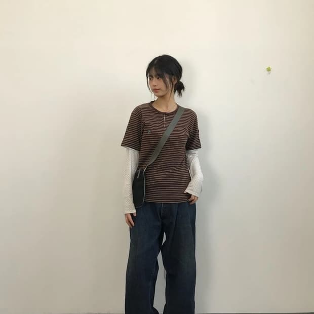 R.Newbold Stripe Henley T Shirt Brown