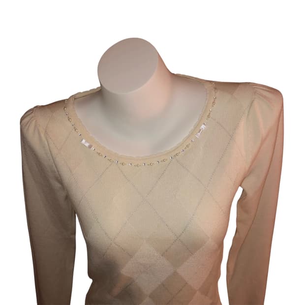 비즈 진주 리본 백 포인트 글리터 아가일 니트