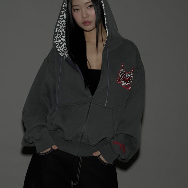Leopard Heart Logo Hoodie Zip-Up (Washed