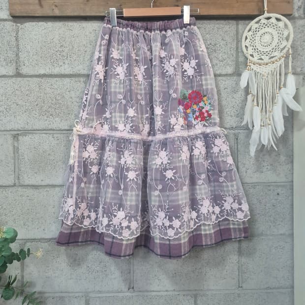 자수 울체크스커트 