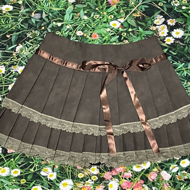 라떼갸루 초코 레이스 리본 플리츠 스커트