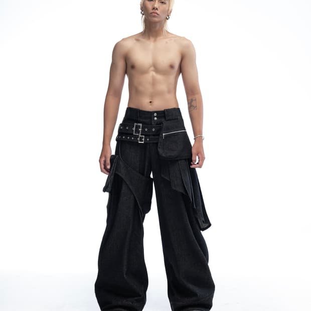 ACCOX-ACX  스커트 벨티드 카고 포켓 데님 팬츠