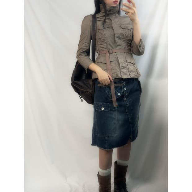 하이 넥 셔링 벨티드 웨이스트 자켓