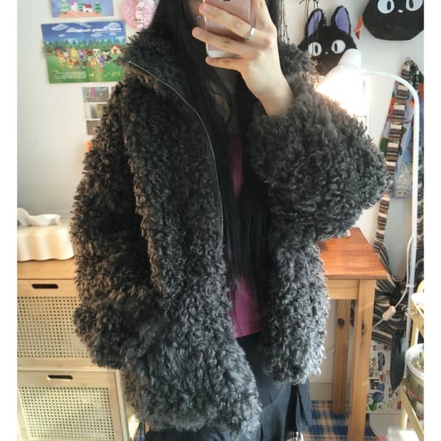 vintage curly fur zip-up jacket charcoal