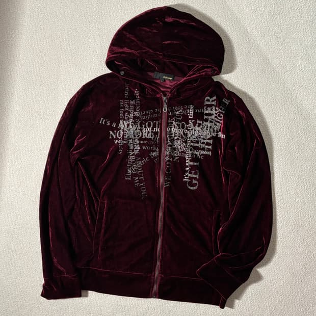 일본빈티지 y2k 다크레드 버건디 레터링 벨벳 후드집업