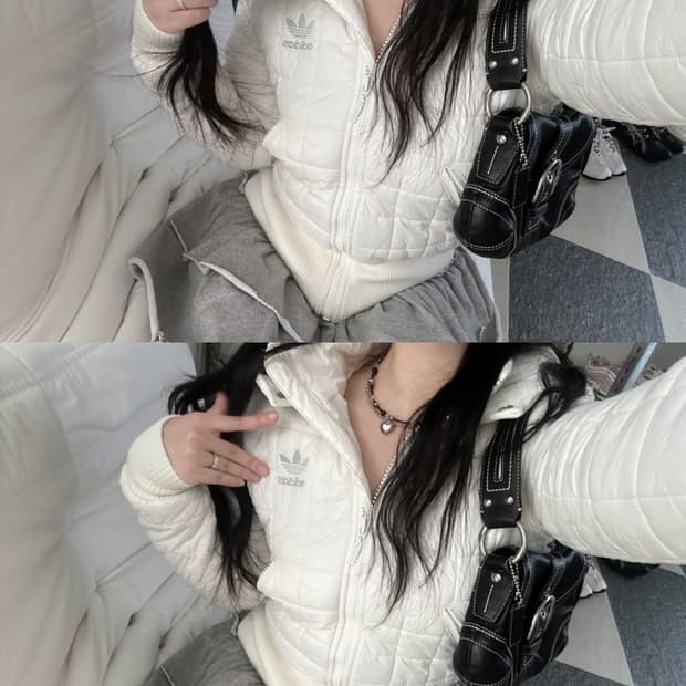 아디다스 화이트 스퀘어퀼팅 후드 점퍼