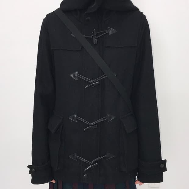 Jpn High-Neck Black Hooded Duffle Coat