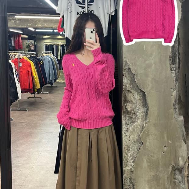 폴로 랄프로렌 꽈배기 브이넥 니트 핑크 L #csz2294