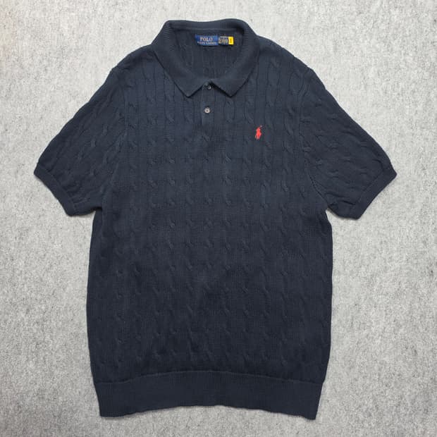 폴로 랄프로렌 케이블 꽈배기 큐알택 하프단추 카라 반팔니트 2XL 네이비