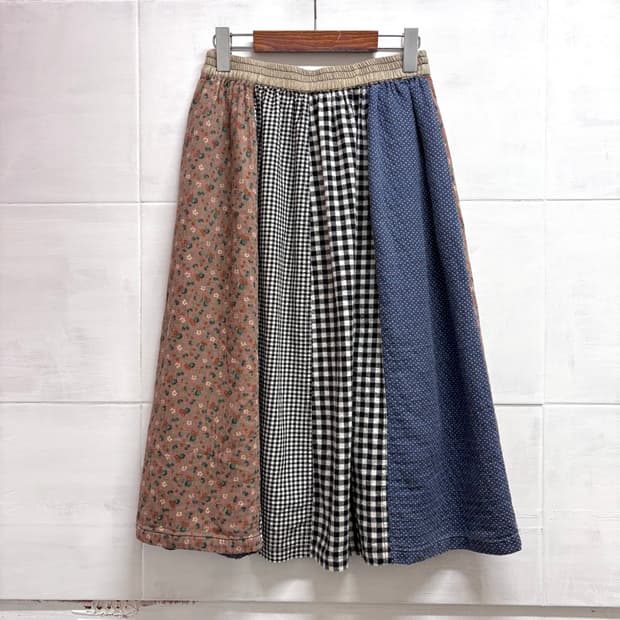 플라워 체크 패치워크 모리걸 밴딩 스커트 