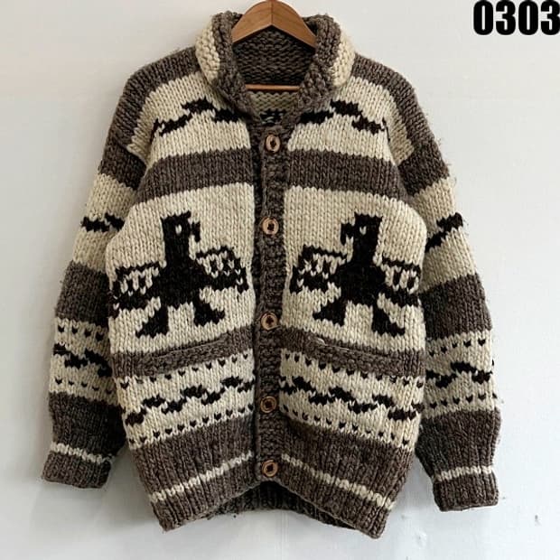 Flyer Hook 캐나다 버진 울 헤비 코위찬 니트 가디건 L 0303