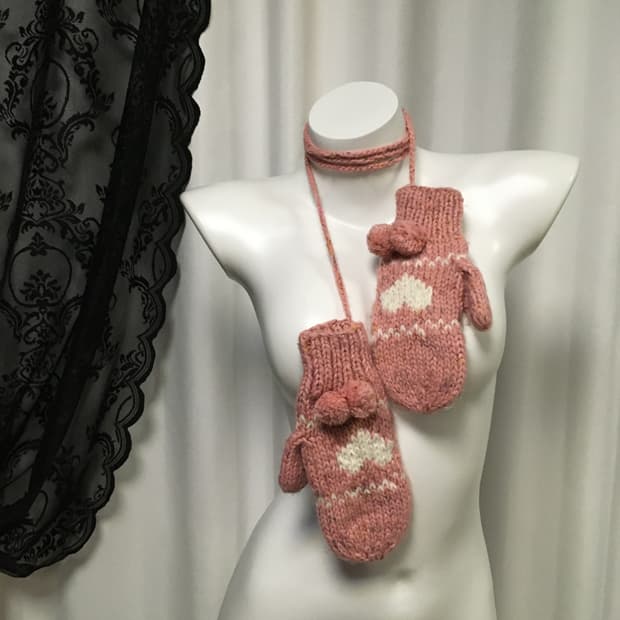 Vintage 하구미 모리걸 하트 뜨개자수 니트 벙어리장갑 뮤트핑크