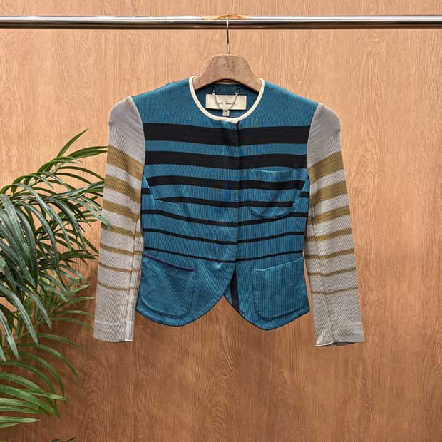 폴스미스 라운드넥 자켓 스트라이프 배색 패치워크 디테일 블루