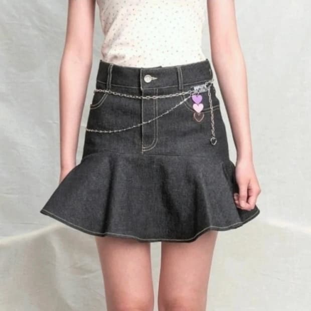 (단종)스펑키 SPUNKY 머메이드 라인 플레어 데님 미니 스커트