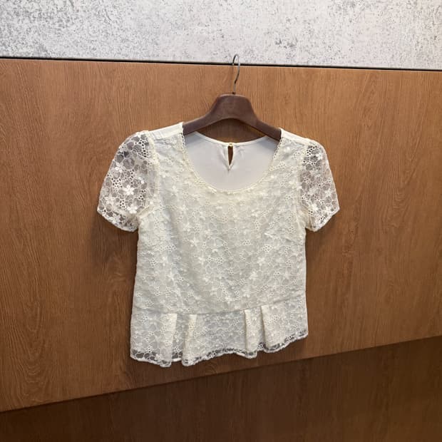 빈티지 라운드넥 반팔 블라우스 플라워 시스루 배색 아이보리 k202