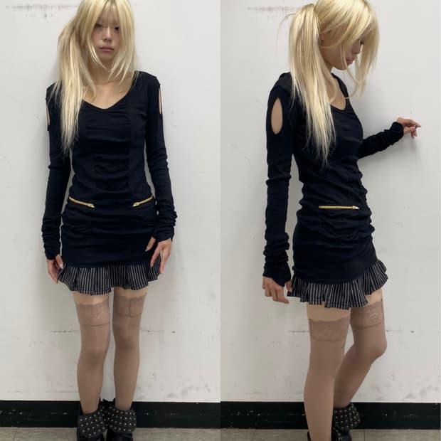 (R&S)Gold Zipper Shirring Long Sleeve Dr
