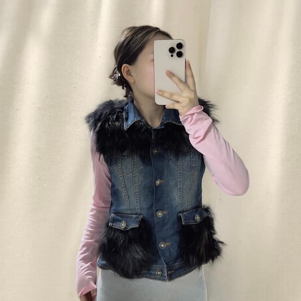 빈티지 이타리아 브랜드 라쿤퍼 데님 조끼 베스트