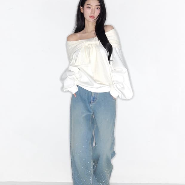더티스 투웨이 리본 오프숄더 후디 아이보리