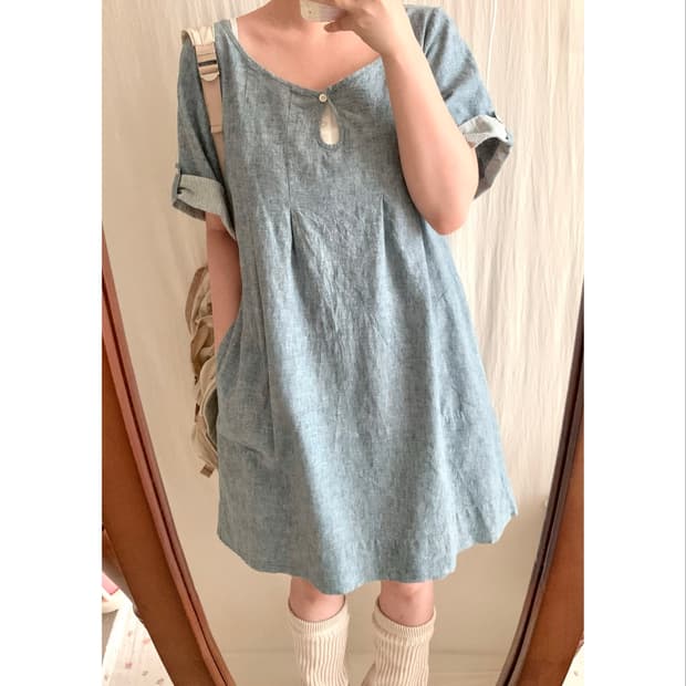 데님 소매 롤업 스트라이프 포켓 원피스