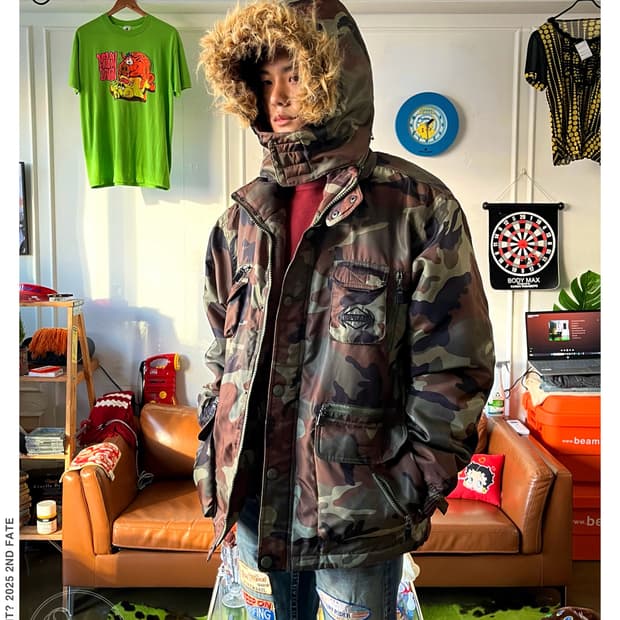 90-00s Vintage Y2K Camo Fur Hood Padding