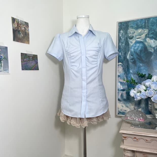 sky blue stripe shirring half shirt