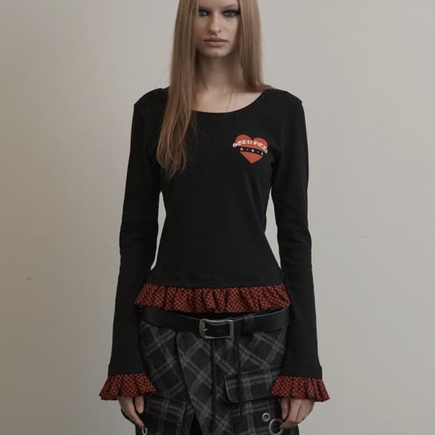 셋업이엑스이 CHECK FRILL TOP / BLACK