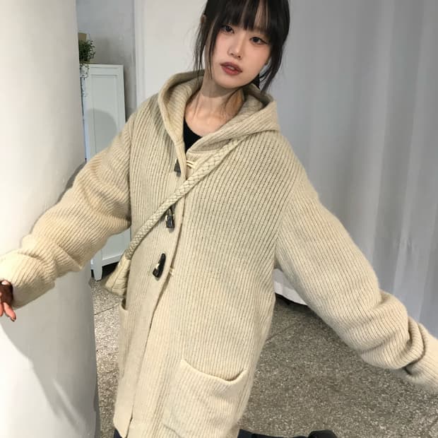 오트밀 니트 후드 코트