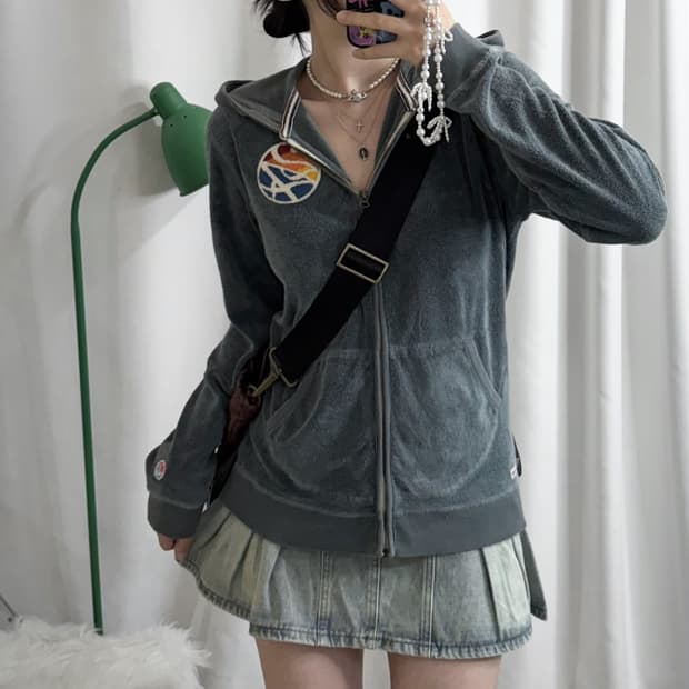 청록 테리 레터링 후드 집업