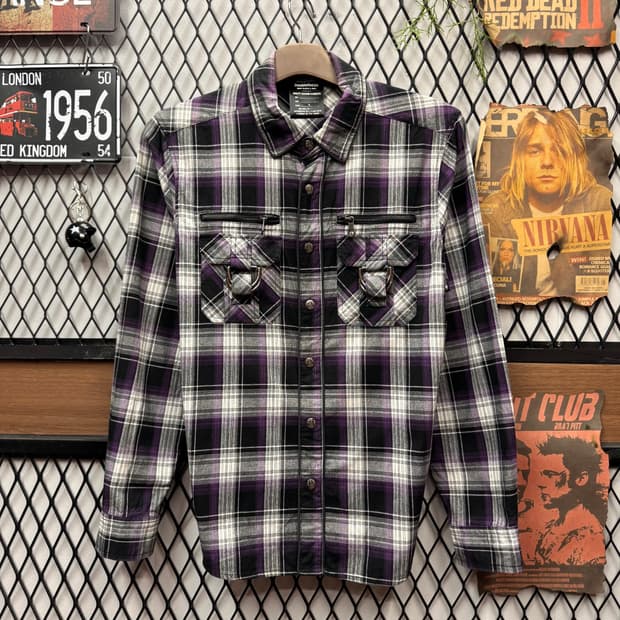 JPN VINTAGE 체크 패턴 셔츠 전면 버클 투포켓 퍼플