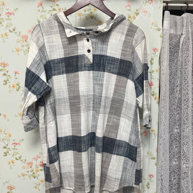 체크 후드 칠부 상의