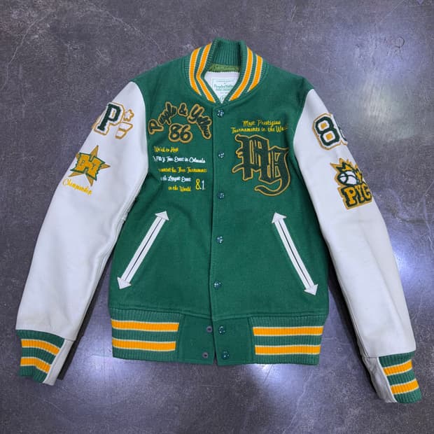 Purple&Yellow 부클 자수 소가죽 배색 스타장 바시티자켓 S