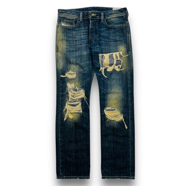 디젤 리페어드 디스트로이드 크랙 워시드 데님 팬츠